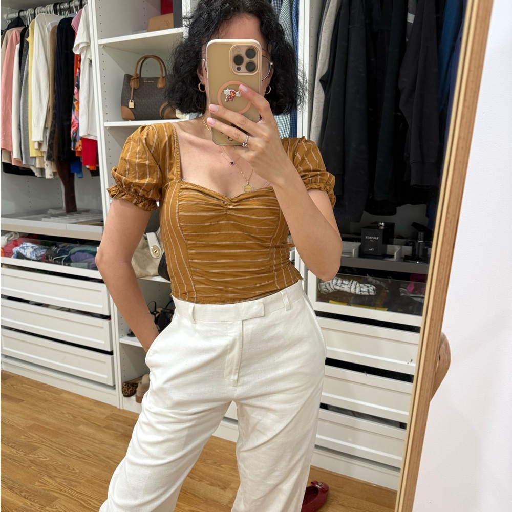 Free people Striped Brown Puff Sleeve Top